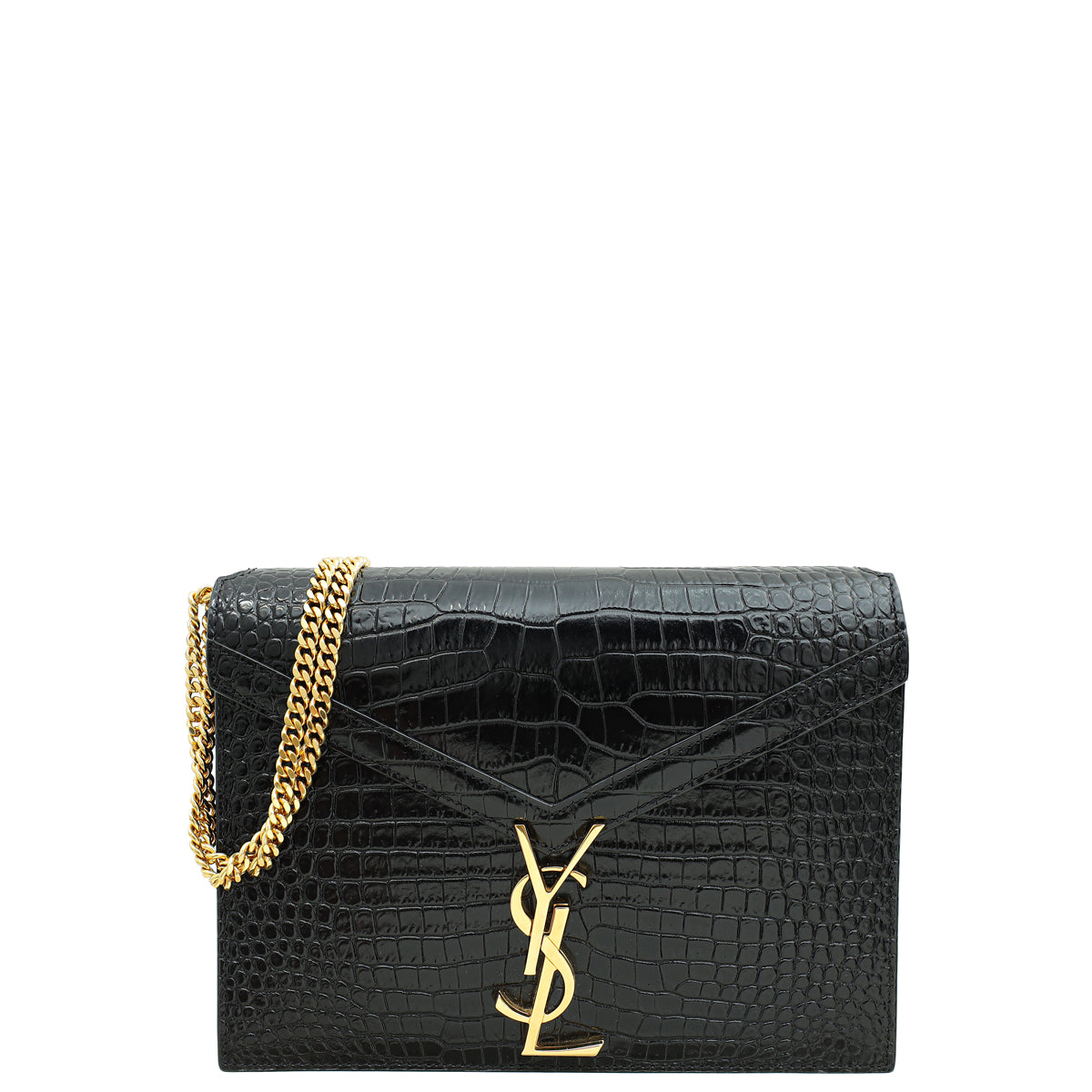 YSL Black Cassandra Clasp Croco Embossed Small Chain Shoulder Bag