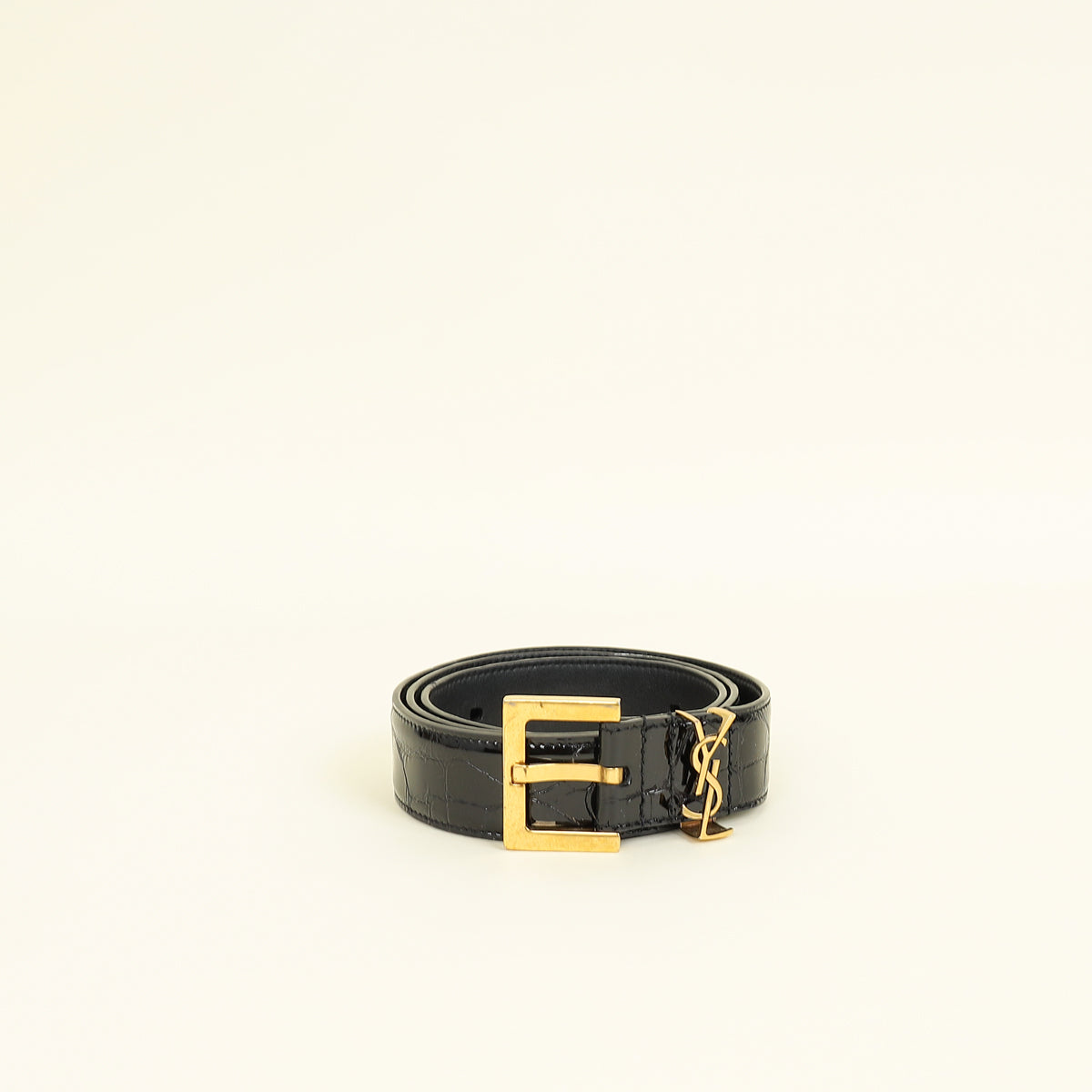 YSL Black Cassandre Buckle Croco Embossed 30mm Belt