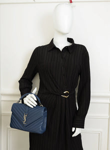 YSL Blue College Chevron Medium Shoulder Bag