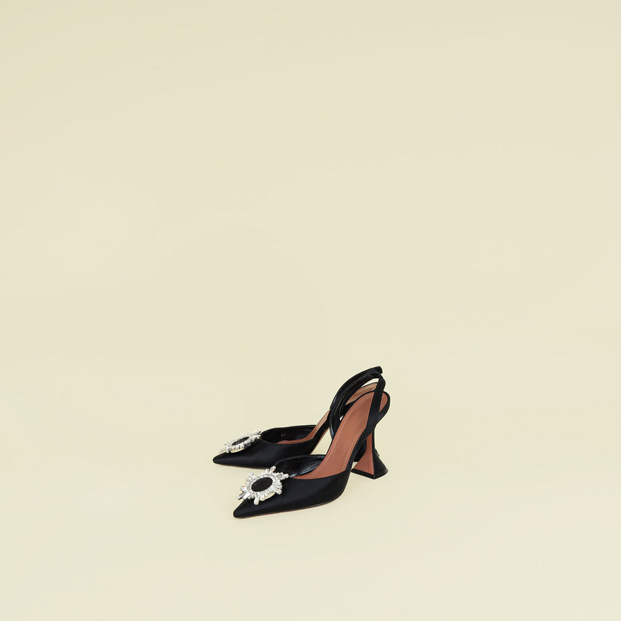 Amina Muaddi Black Begum Satin Sling Pumps 37