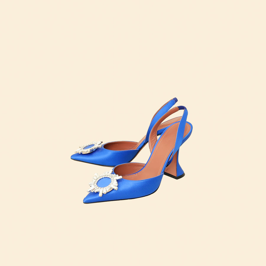 Amina Muaddi Electric Blue Satin Begum Crystal Slingback Pumps 38.5