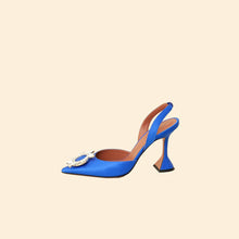 Amina Muaddi Electric Blue Satin Begum Crystal Slingback Pumps 38.5