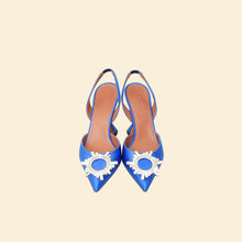 Amina Muaddi Electric Blue Satin Begum Crystal Slingback Pumps 38.5