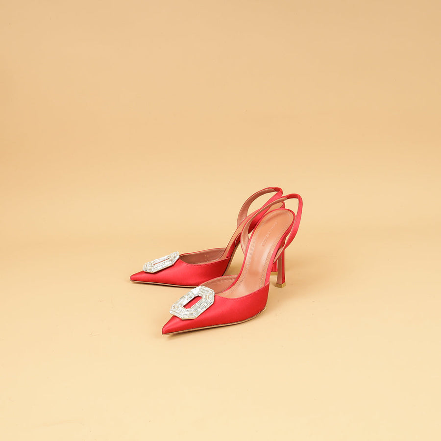 Amina Muaddi Roman Red Satin Camelia Sling 105 Pumps 38