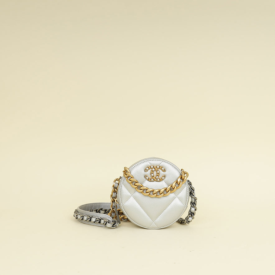 Chanel Metallic Gray 19 Round Mini Clutch w/ Chain