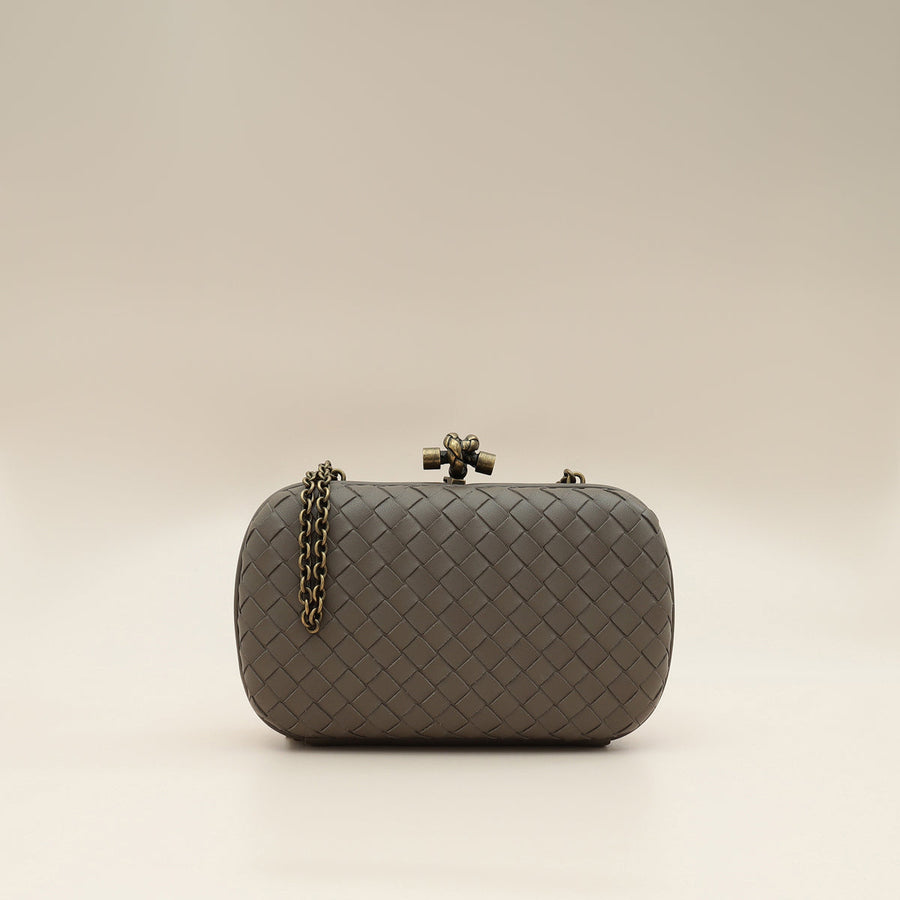Bottega Veneta Greige Knot Intrecciato Chain Clutch Bag