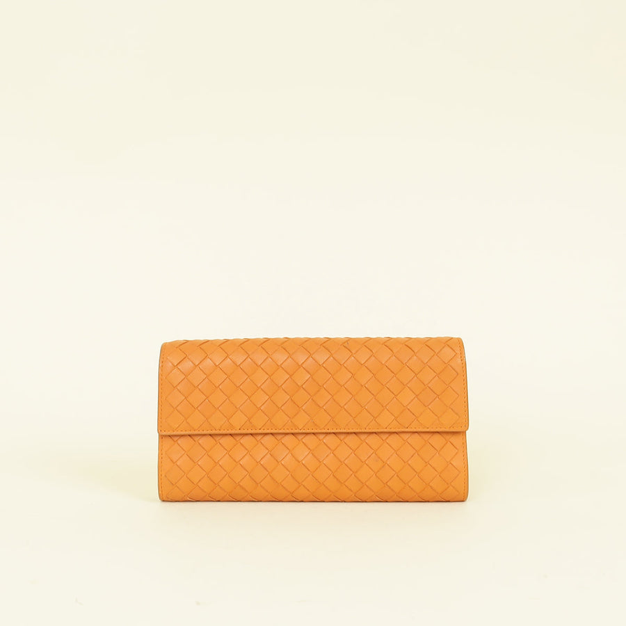 Bottega Veneta Orange Intrecciato Leather Flap Continental Wallet