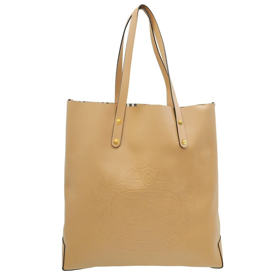 Burberry Light Camel Embossed Crest Large Tote Bag