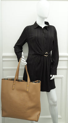 Burberry Light Camel Embossed Crest Large Tote Bag