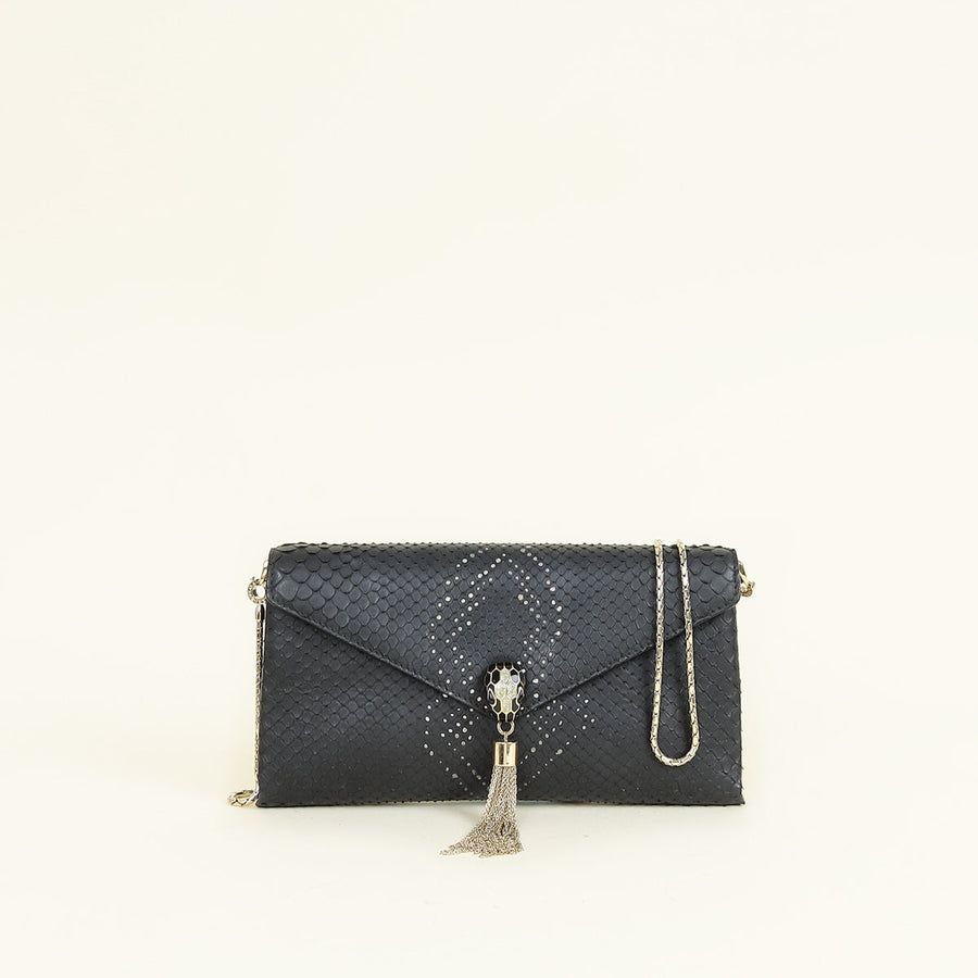 Bvlgari Black Python Serpenti Forever Tassel Clutch Bag
