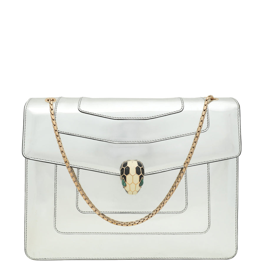 Bvlgari Silver Mirror Serpenti Forever Flap Chain Large Bag