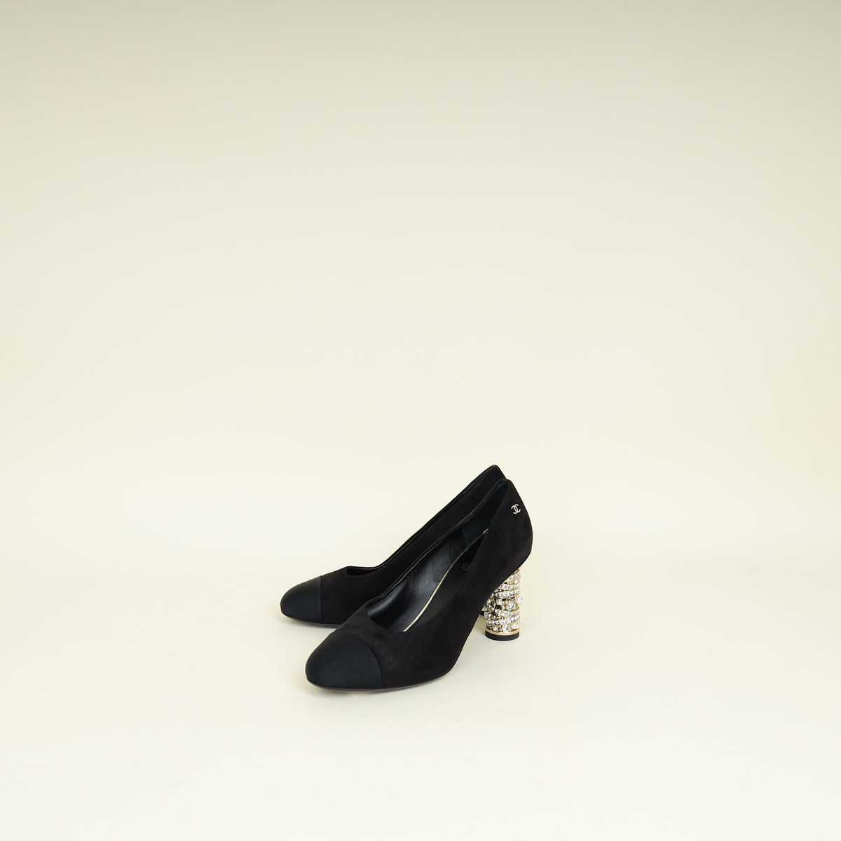 Chanel Black CC Cap Toe Crystal Pearl Heel Pump 37