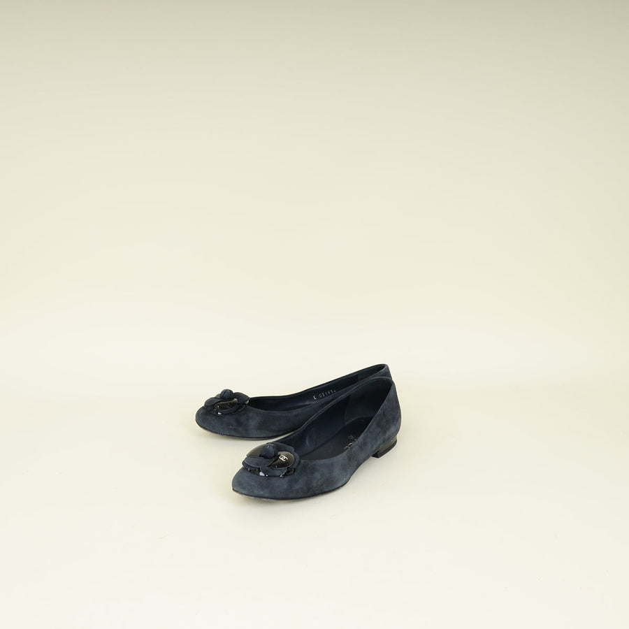 Chanel Black CC Camellia Flower Flat Ballerina 37.5