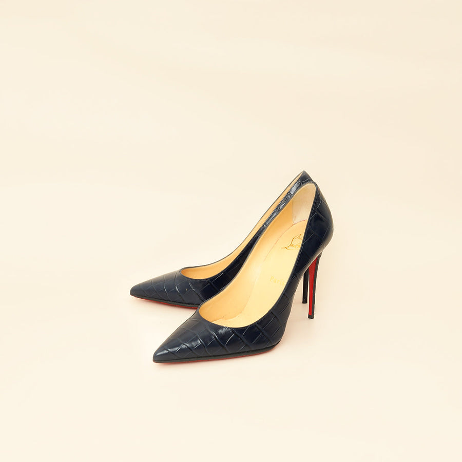 Christian Louboutin Navy Blue Croco-Embossed Kate 110mm Pump 38