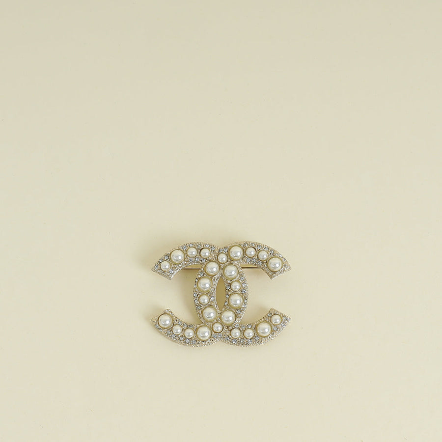 Chanel Light Gold CC Pearl Brooch