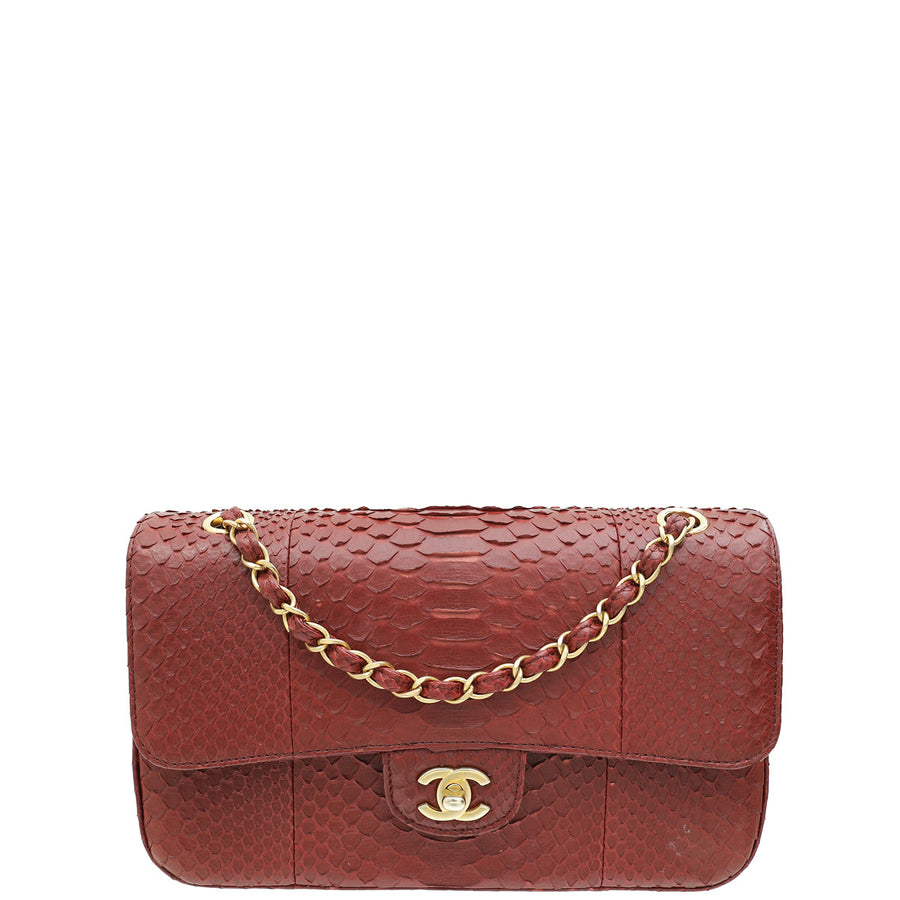 Chanel Burgundy Python CC Classic Double Flap Medium Bag