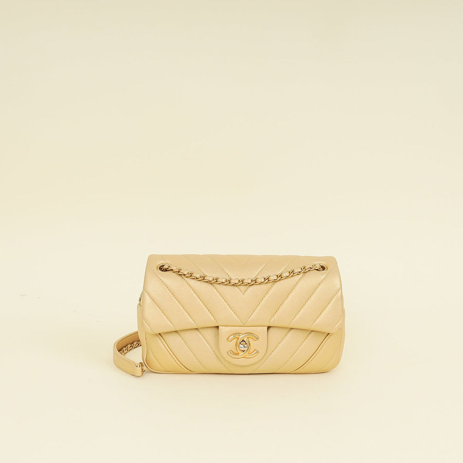 Chanel Light Metallic Gold CC Chevron Camera Case Small Flap Bag