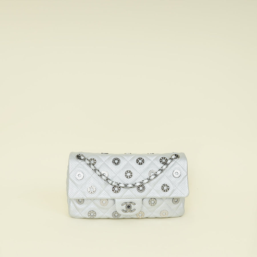 Chanel Silver CC Perforated Paris-Dubai Medal Single Flap Bag