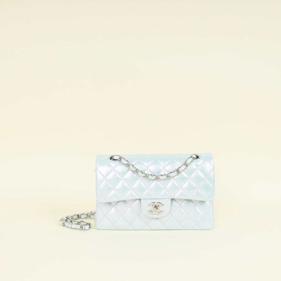 Chanel Metallic Pearl Blue CC Classic Double Flap Small Bag