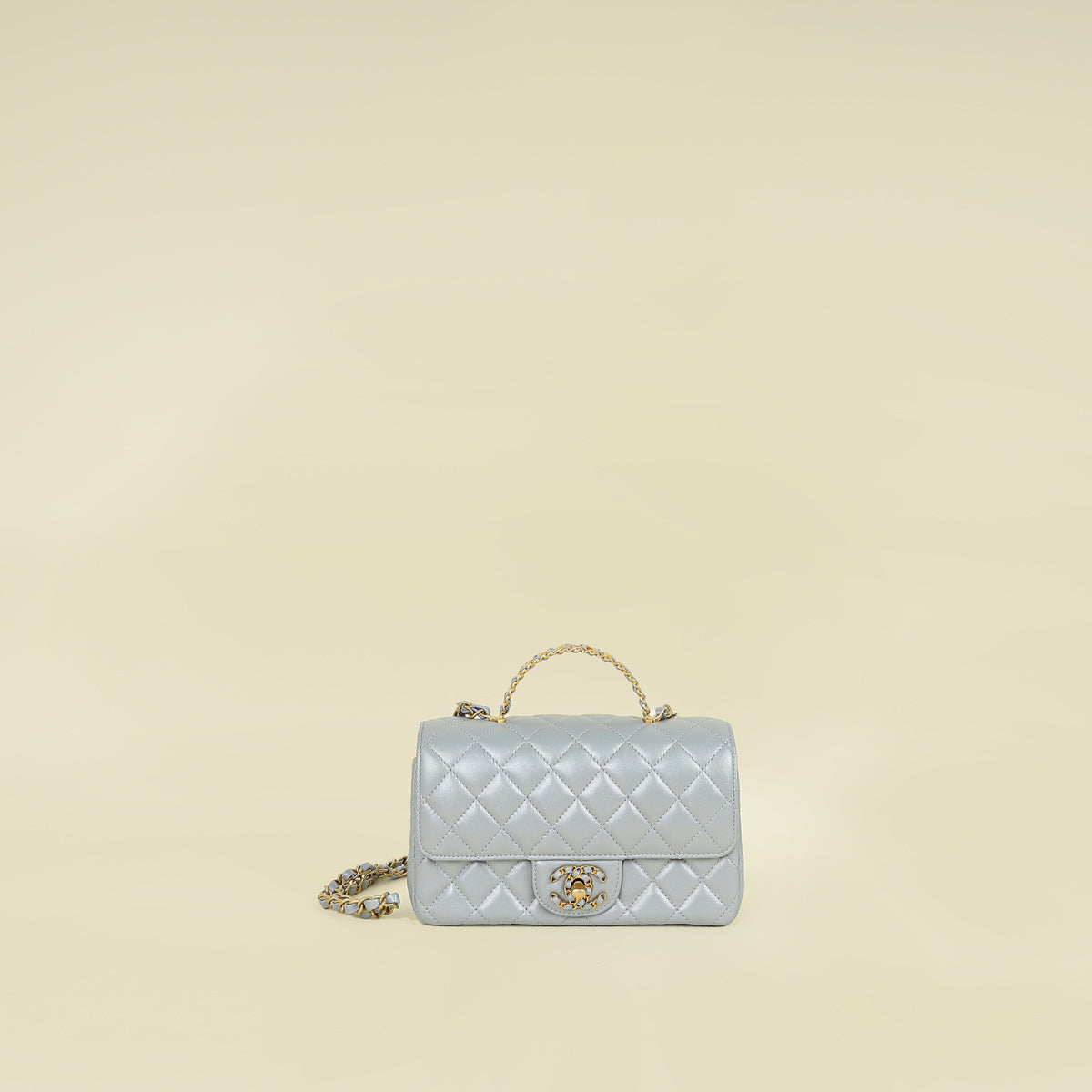 Chanel Metallic Gray Mini Rectangular Flap Top Handle Bag