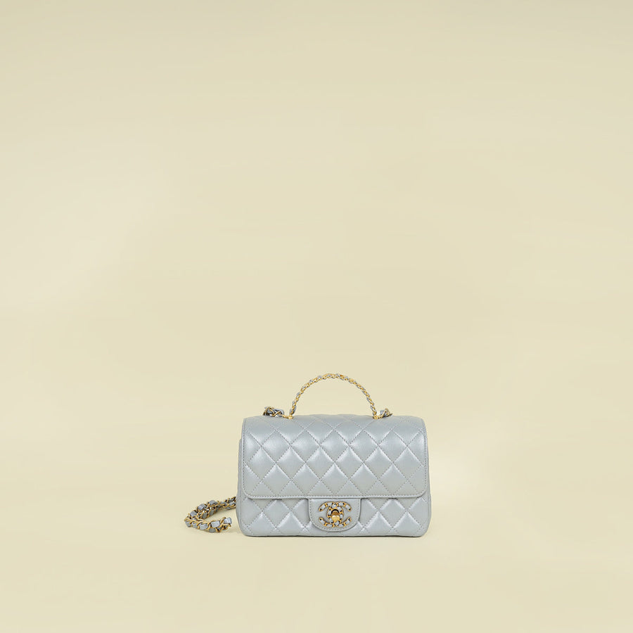 Chanel Metallic Gray Mini Rectangular Flap Top Handle Bag