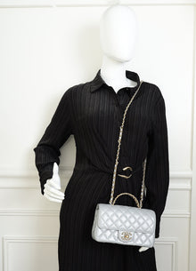 Chanel Metallic Gray Mini Rectangular Flap Top Handle Bag