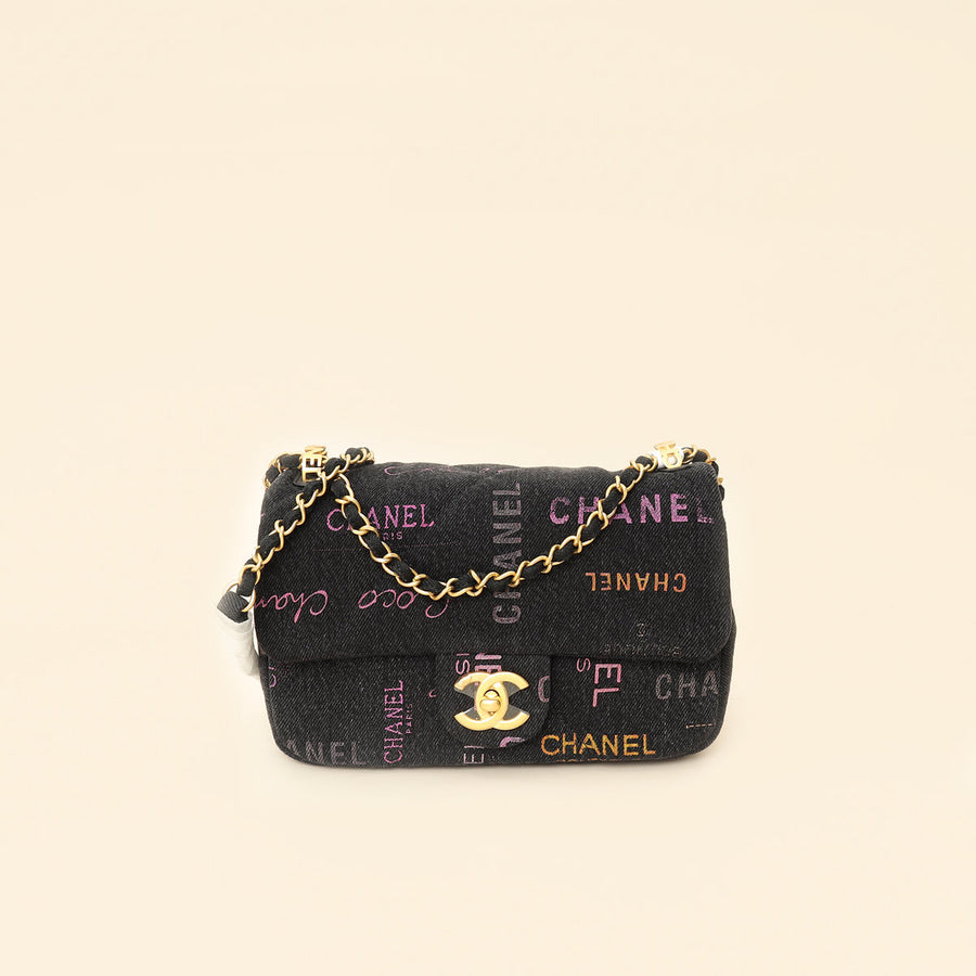 Chanel Black Multicolor CC Denim Logo Print Flap Bag