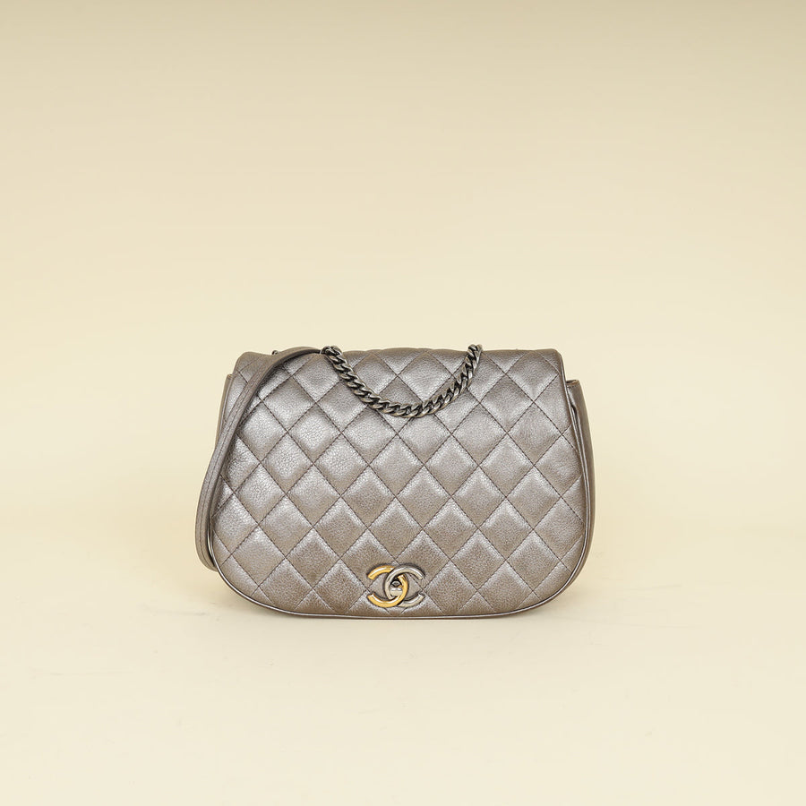 Chanel Metallic Grey CC Casual Pocket Messenger Flap Bag
