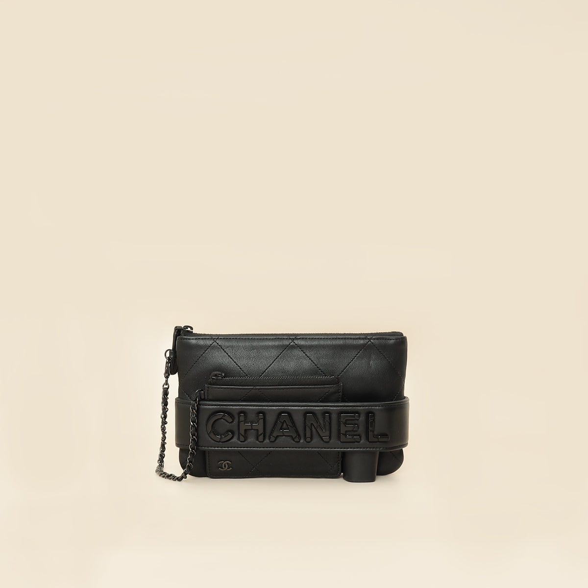 Chanel Black Logo Quilted Cosmetic Case With Chain Wrist