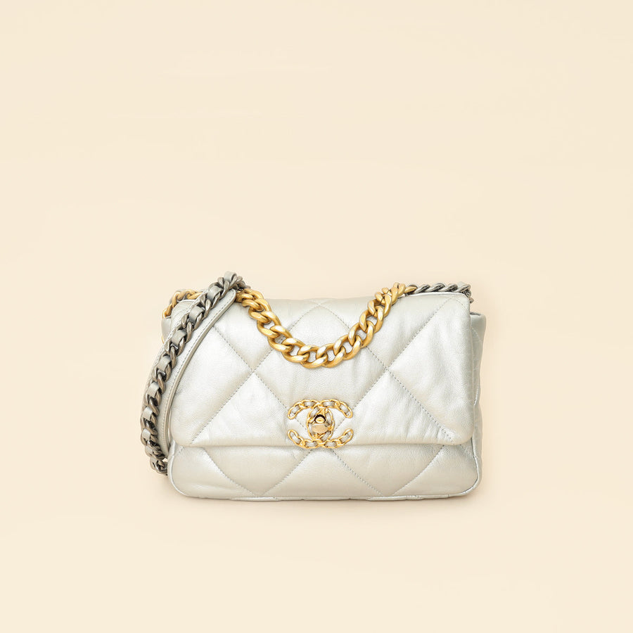 Chanel Metallic Silver 19 Flap Small Shoulder Bag