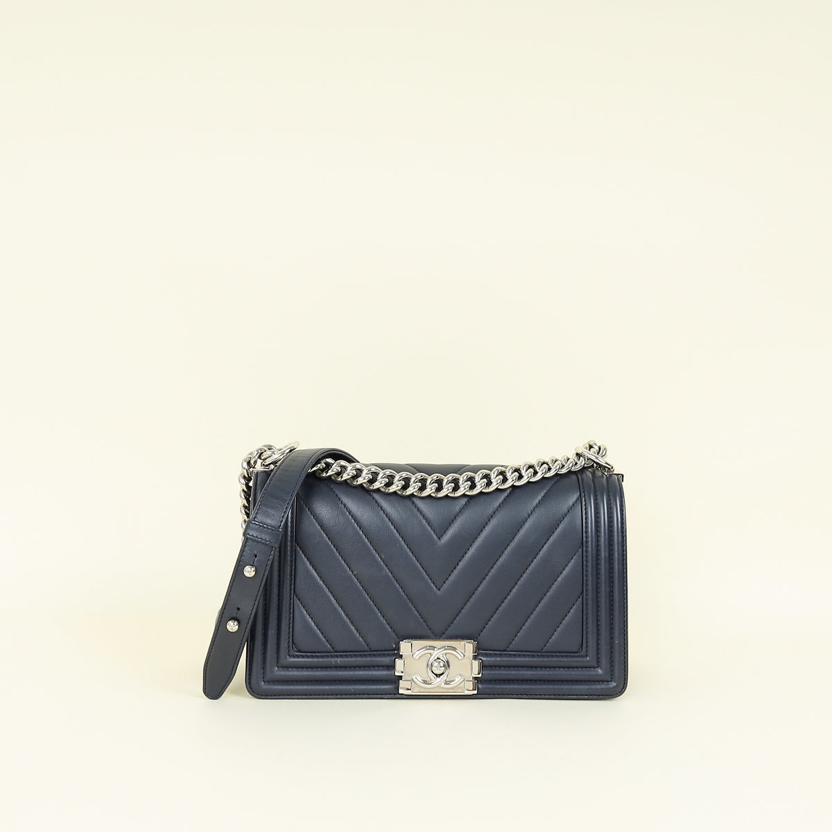 Chanel Navy Chevron Le Boy Medium Flap Bag