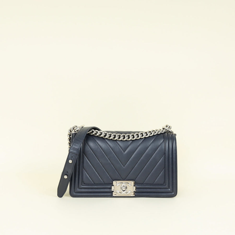 Chanel Navy Chevron Le Boy Medium Flap Bag