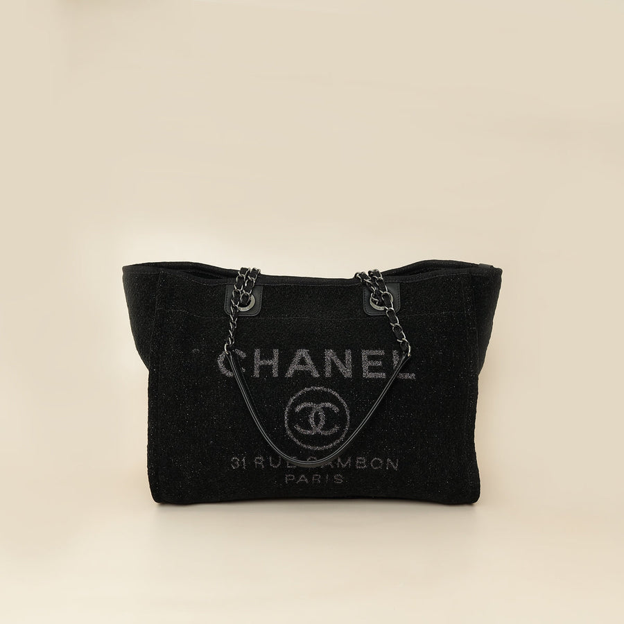 Chanel Black CC Deauville Tote Lurex Boucle Medium Bag