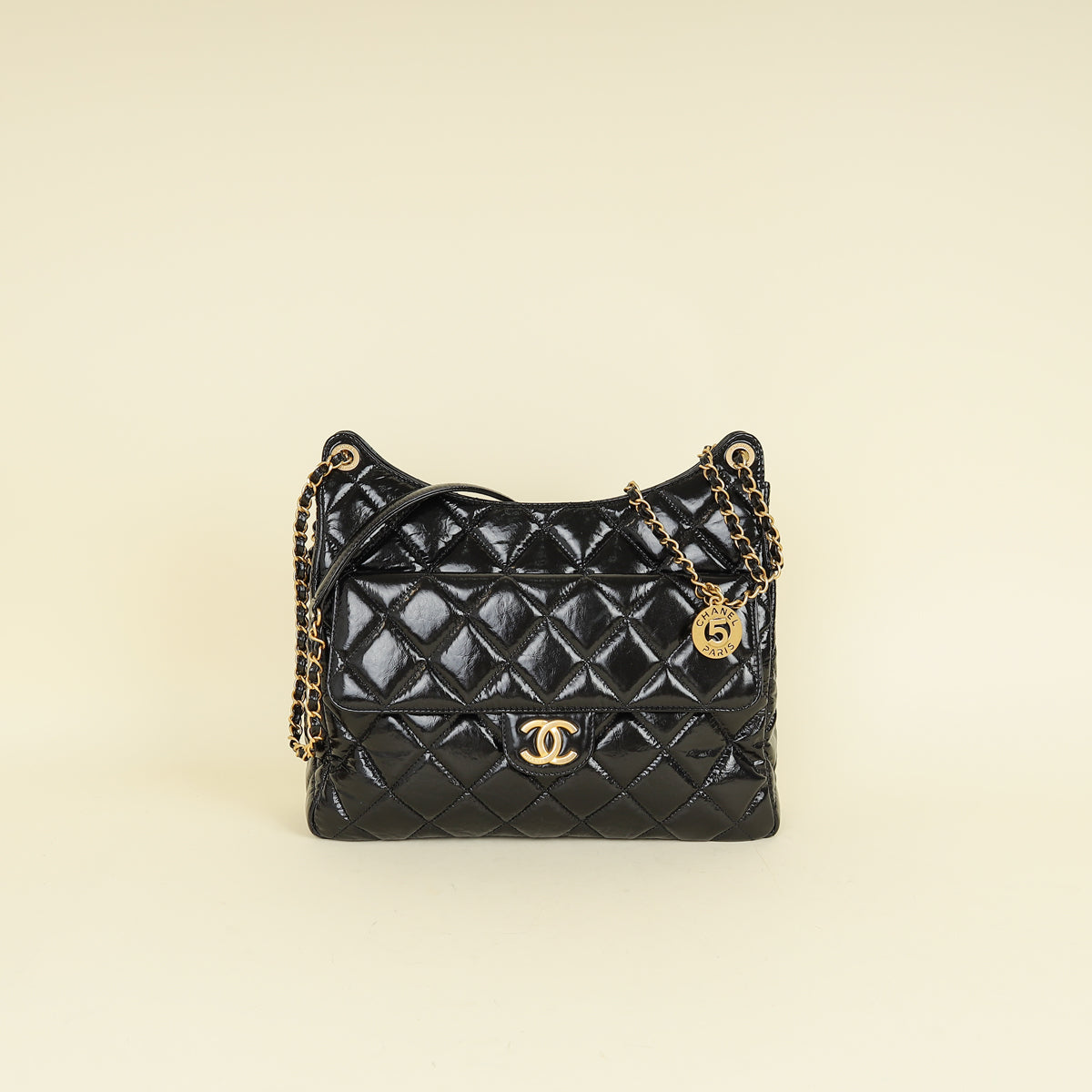 Chanel Black CC Wavy Charm Shiny Crumpled Hobo Bag