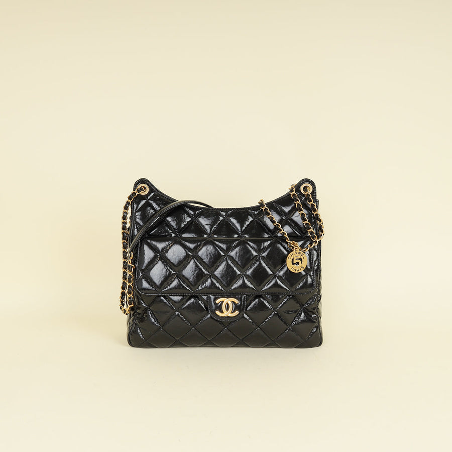 Chanel Black CC Wavy Charm Shiny Crumpled Hobo Bag