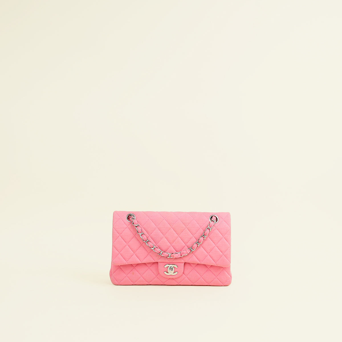 Chanel Pink Jersey Classic Double Flap Medium Bag