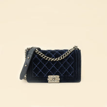 Chanel Navy Blue Velvet Stitched Boy Medium Flap Bag