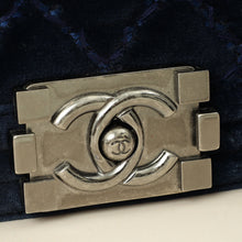 Chanel Navy Blue Velvet Stitched Boy Medium Flap Bag
