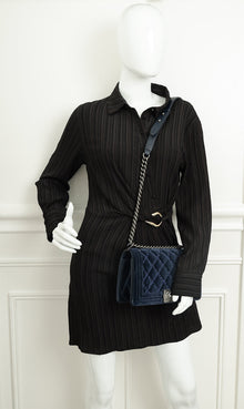 Chanel Navy Blue Velvet Stitched Boy Medium Flap Bag