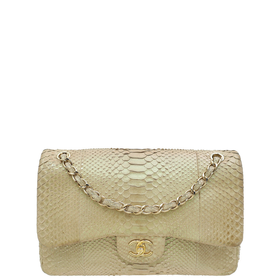 Chanel Pearl Beige Python CC Classic Double Flap Jumbo Bag