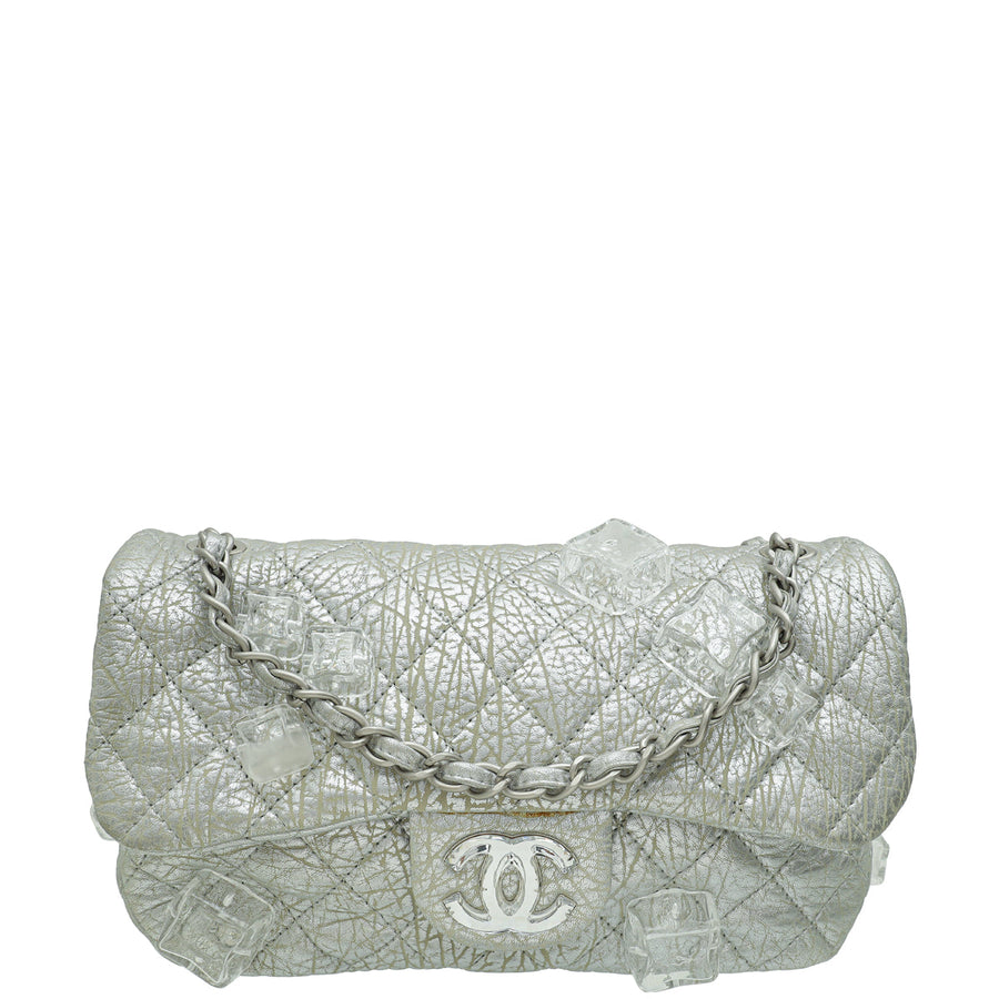 Chanel Metallic Silver Aged Ice Cube On the Rocks Flap Bag