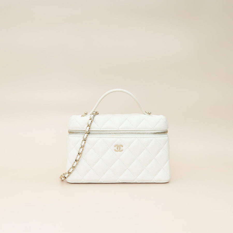 Chanel White CC Quilted Top Handle Slim Vanity With Chain