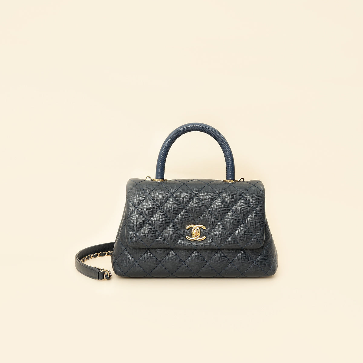Chanel Navy Lizard Embossed Coco Handle Small Bag
