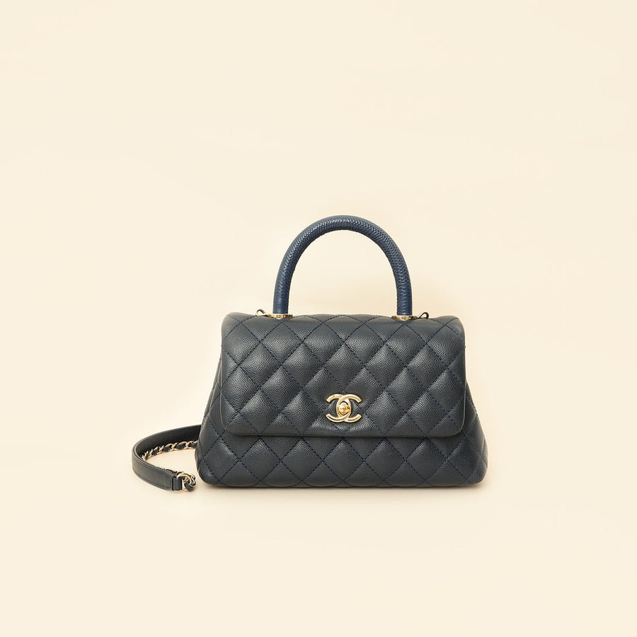 Chanel Navy Lizard Embossed Coco Handle Small Bag