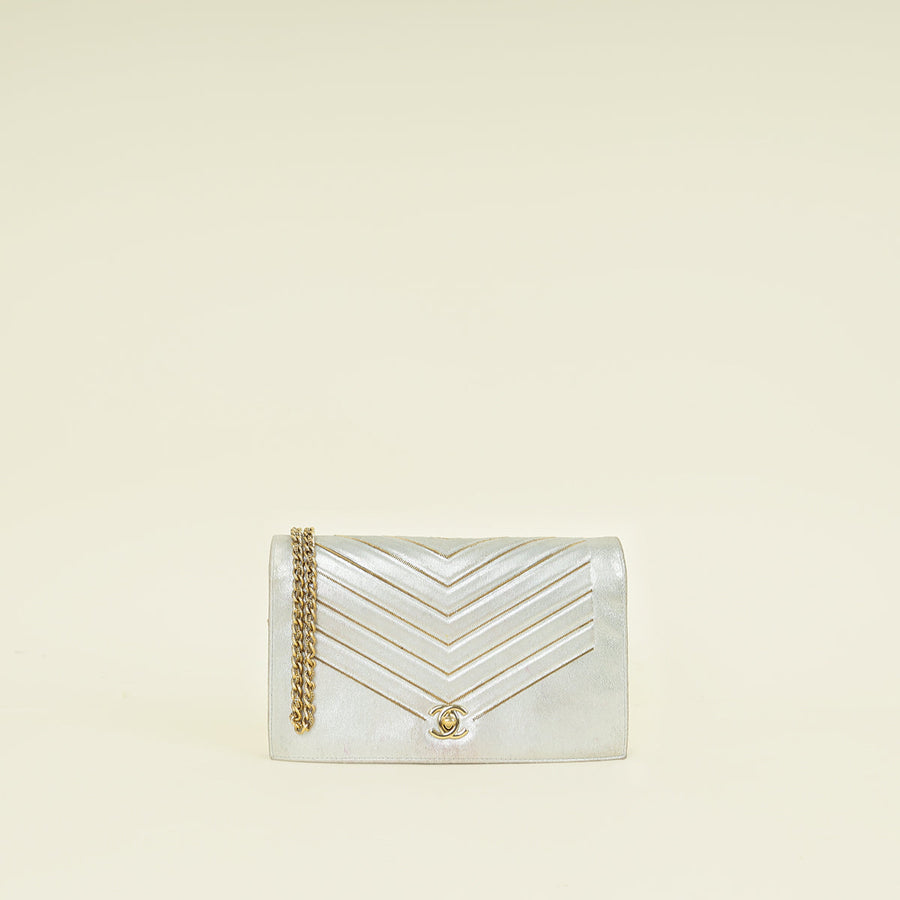 Chanel Silver CC Chevron Nubuck Micro Chain Embellished Flap Bag