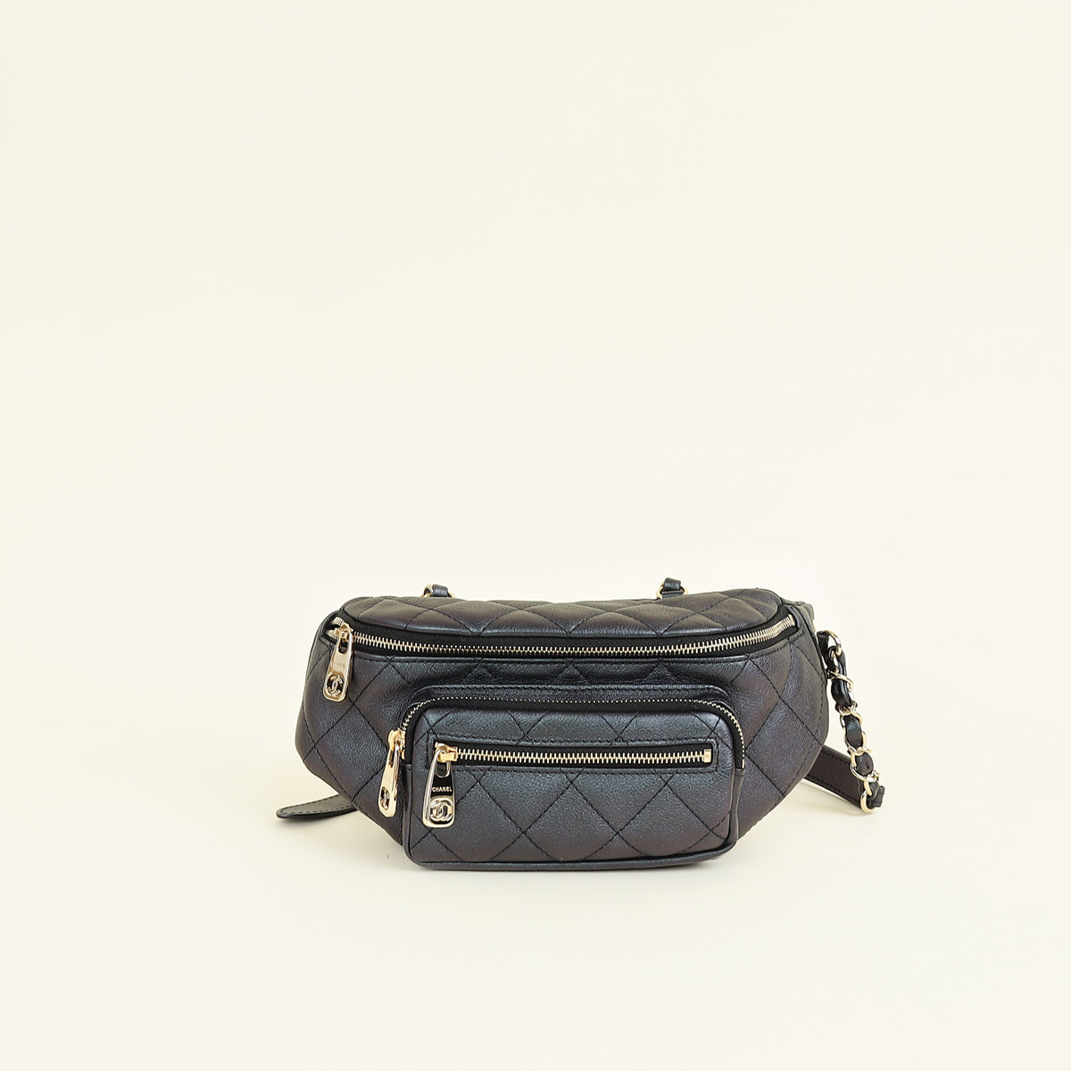 Chanel Metallic Dark Blue CC Quilted Fanny Pack Waist Bag
