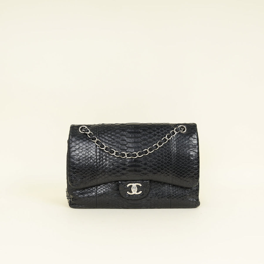 Chanel Black CC Classic Python Double Flap Jumbo Bag