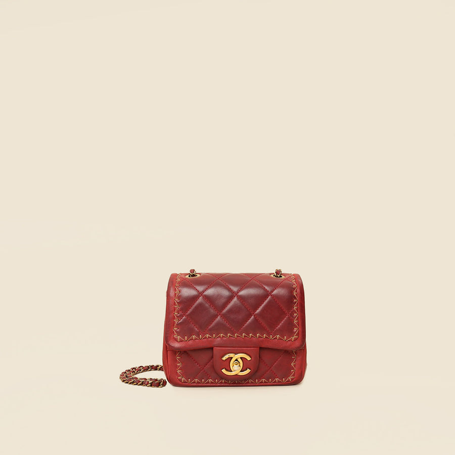 Chanel Red CC Whipstitch Mini Square Flap Bag