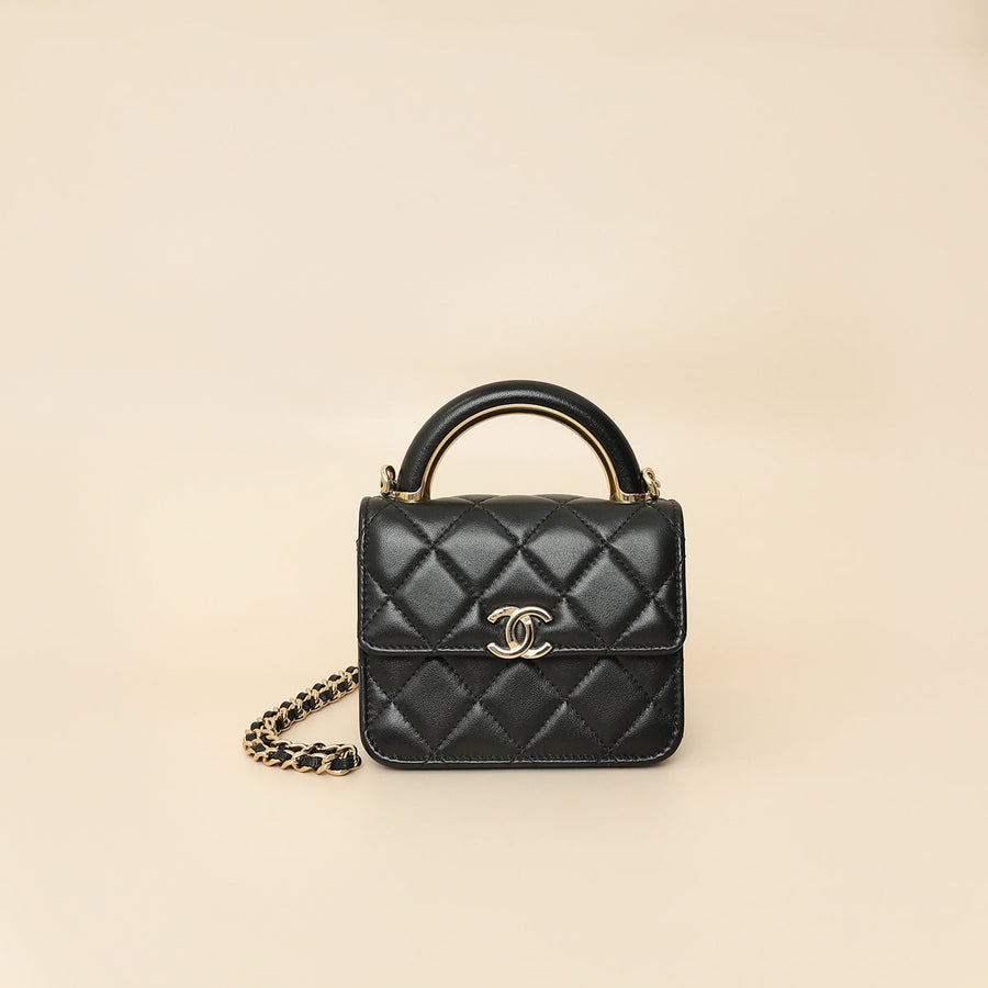 Chanel Black CC Quilted Top Handle Flap Clutch W/ Chain
