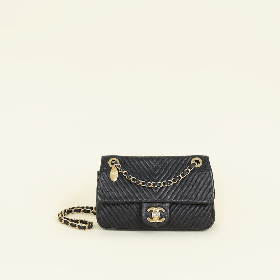 Chanel Black Chevron Surpique Flap Small Bag